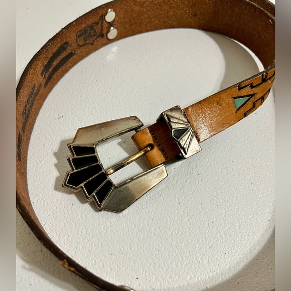 Native American Southwestern Style Tan Leather Belt with Silver Buckle - Picture 14 of 15
